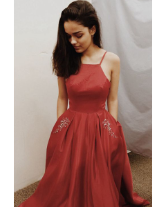 Rachel Zegler Inspired Red Satin Spaghetti Straps Beaded Formal Prom Dress 2021