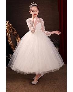 Girls' White Lace and Tulle Princess Gown with Long Sleeves