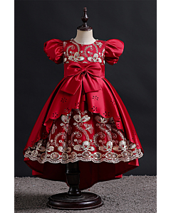 Girls' Red Satin High-Low Dress with Gold Floral Embroidery and Bow Detail