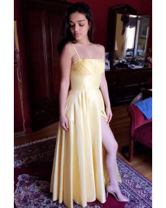 Rachel Zegler Inspired Yellow Spaghetti Straps Formal Prom Dress 2021 with Slit