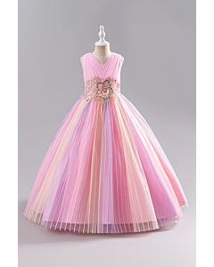 Charming Pink and Pastel Striped Tulle Dress with Floral Beaded Waist
