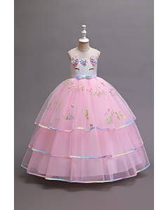 Whimsical Pink Flower Embroidered Tulle Dress with Bunny Ears and Rainbow Trim.