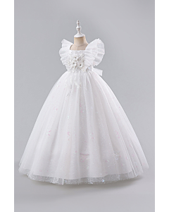 Elegant White Tulle Dress with Floral Bodice and Ruffled Sleeves