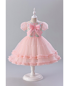 Charming Pink Tulle Dress with Floral Bodice and Ruffled Skirt