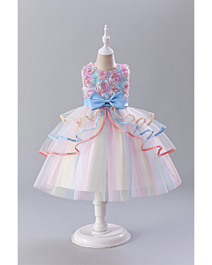 Whimsical Pastel Tulle Dress with Flower Bodice and Ruffled Skirt