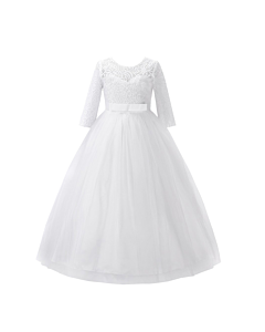 Classic White Lace Bodice Dress with Satin Belt and Tulle Skirt