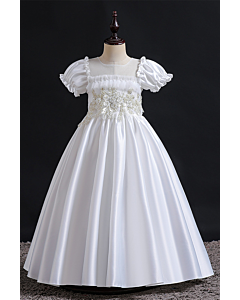 Classic White Satin Dress with Floral Embellished Bodice and Puff Sleeves.