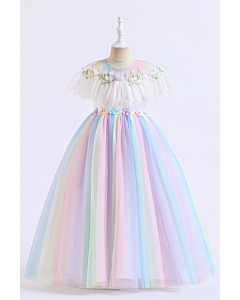 Pastel Rainbow Tulle Dress with Floral Embellished Bodice and Ruffled Sleeves."
