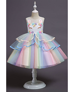 Rainbow Unicorn-Inspired Tulle Dress with Bunny Ears and Floral Embellishments."