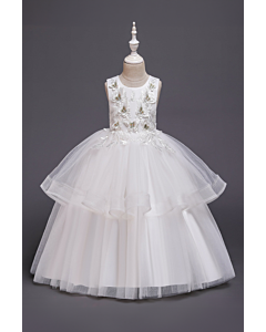 Elegant White Flower Girl Dress with Floral Embroidery and Layered Tulle Skirt