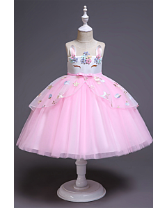 Whimsical Pink Unicorn Embellished Flower Girl Dress with Tulle Skirt and Starry Details