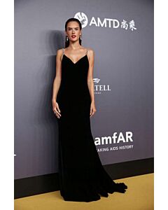 Alessandra Ambrosio Black Velvet Spaghetti Straps V Neck Gown amfAR Gala 2018
