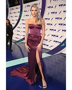 Alissa Violet Burgundy Strapless Satin Formal Prom Dress with Slit MTV Awards 2017