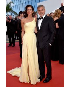 Ethereal Sunshine Amal Clooney Inspired Yellow Chiffon One Shoulder High Slit Sweep Train Celebrity Formal Prom Dress Cannes 2016