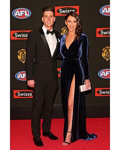 Midnight Reverie – Anthea Pellow Brownlow Medal 2015–Inspired Navy Velvet V-Neck Column Gown
