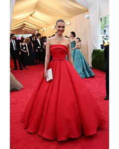 Crimson Couture – Arizona Muse Met Gala-Inspired Strapless Ball Gown with Full Skirt