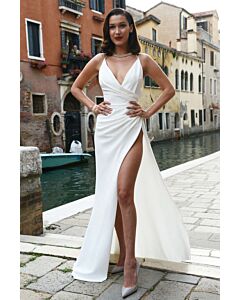 Pearl Drape Bella Hadid Inspired White Satin Spaghetti Straps Wrap High Slit Celebrity Formal Prom Dress Bulgari Party Venice