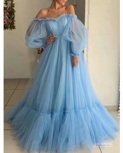 Sky Blue Off the Shoulder Ruffled Tulle Ball Gown Formal Prom Dress