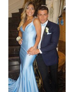 Celebrity Inspired Light Blue Spaghetti Strap V Neck Mermaid Formal Prom Dress 2020