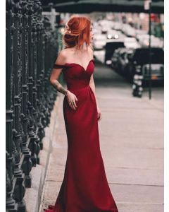 Crimson Whisper Celebrity Inspired Burgundy Satin Off Shoulder Sweetheart Sheath Sweep Train Formal Prom Dress