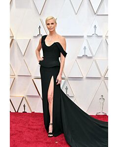 Charlize Theron Black One-Shoulder Sheath Evening Celebrity Dress High Slit Oscars 2020