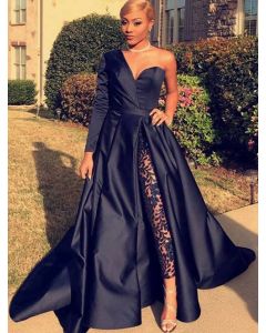 Midnight Elegance – Custom Navy Satin One-Shoulder Gown & Lace-Inlaid Trousers Ensemble