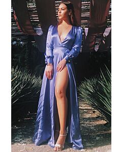 Danna Paola Inspired Blue Long-sleeve V-neck Satin Formal Prom Dress with Slit