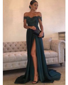 Emerald Enchantment – Off-the-Shoulder Lace & Chiffon Gown