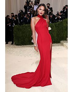 Eiza Gonzalez Inspired Red High-neck Celebrity Evening Dress with Slit Met Gala 2021