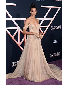 Ella Balinska Champagne Off the Shoulder Chiffon Gown Charlies Angels Premiere