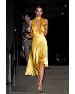 Golden Muse Emily Ratajkowski Inspired Yellow Satin Halter Plunge Asymmetrical Celebrity Formal Prom Dress Marc Jacobs Wedding