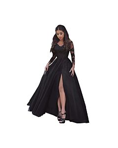 Noir Enchantress — Long-Sleeve Lace Evening Dress