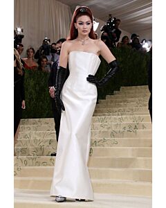 Gigi Hadid Inspired White Strapless Satin Celebrity Formal Dress Met Gala 2021