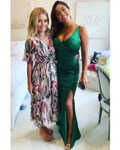 Celebrity Inspired Emerald Green Satin Spaghetti Strap V Neck Mermaid Formal Prom Dress High Slit