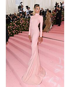 Blush Reverence – Hailey Baldwin Met Gala 2019–Inspired High-Neck Long-Sleeve Column Gown