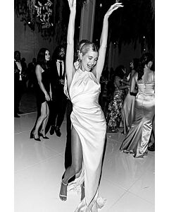 Hailey Baldwin White Halter Satin Celebrity Wedding Dress with Slit