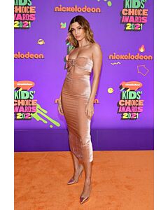 Hailey Bieber Inspired Rose Gold Velvet Midi Length Cocktail Party Celebrity Dress