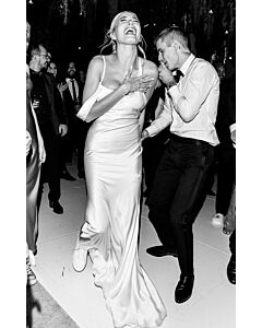 Hailey Bieber Inspired White Satin Backless Celebrity Wedding Reception Dress