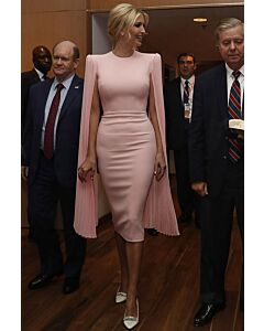 Diplomat’s Poise – Summit Reception–Inspired Blush Pink Pleated Cape-Sleeve Sheath Midi Dress