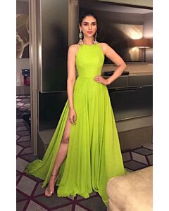 Janhvi Kapoor Inspired Neon Green Chiffon Celebrity Formal Prom Dress with Slit
