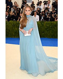 Celestial Grace – Jennifer Lopez Sky-Blue Chiffon Cape Gown