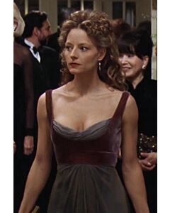 Jodie Foster Inspired Burgundy and Gray Satin Dress in Contact – Elegant Evening Gown with Square Neckline and Floor-Length Design