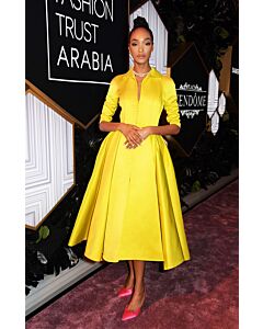 Luminous Grace – Yellow Satin Button-down A-line Dress