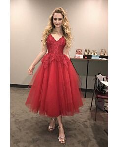 Kathryn Newton Red Lace Tulle Tea-length Cocktail Party Dress Movie "Blockers"