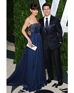 Katie Holmes Navy Strapless Chiffon Formal Dress Vanity Fair Oscar Party 2012