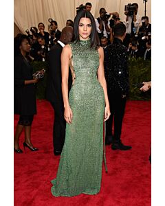 Emerald Matrix Kendall Jenner Inspired Green High Neck Lace-Up Sheath Celebrity Formal Prom Dress Met Gala 2015