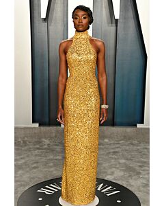 Kiki Layne Gold Sequin High-neck Formal Prom Dress Vanity Fair Oscars Party 2020