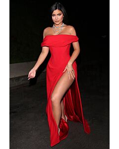 Kylie Jenner Inspired Red Off-the-Shoulder Celebrity Formal Prom Dress Oscars 2020 Party