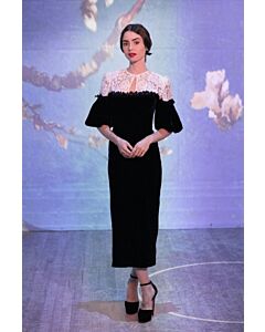 Lily Collins Inspired Black and White Lace Midi Length Celebrity Cocktail Party Dress