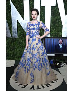 Enchanted Bloom Lily Collins Inspired Blue Lace Embroidered Tulle Ball Gown Celebrity Formal Prom Dress Vanity Fair Oscar Party 2012